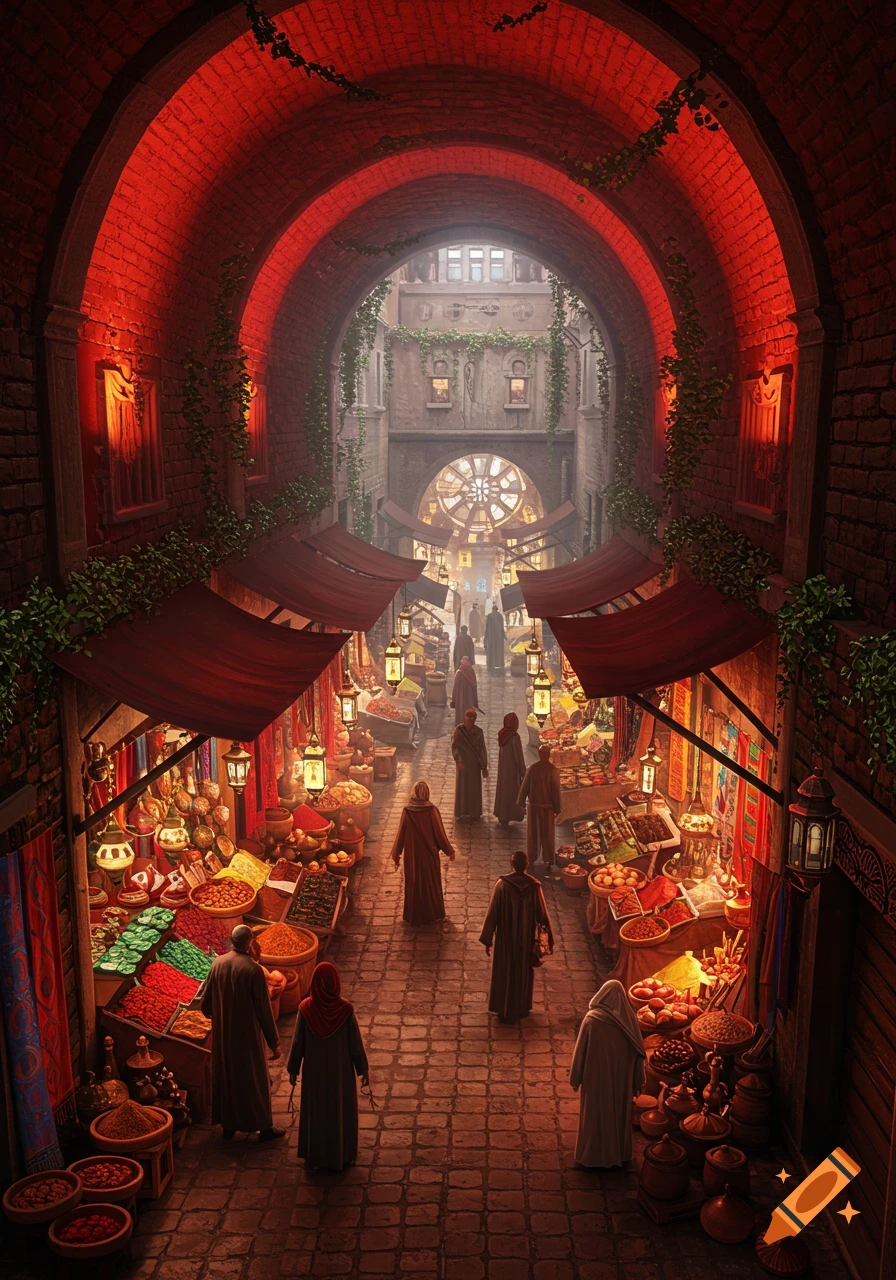 An elevated view of a bustling market street beneath a grand, red-lit brick archway, with people in robes browsing stalls filled with colorful goods under lanterns in an ancient-looking city.