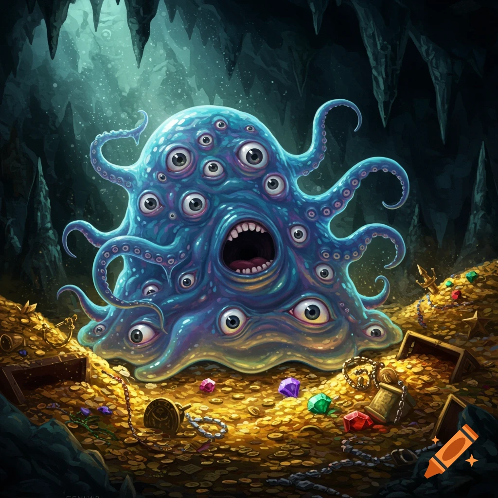 A blue, multi-eyed, multi-mouthed tentacled blob creature sitting on a pile of gold coins and gems in a dark cave.