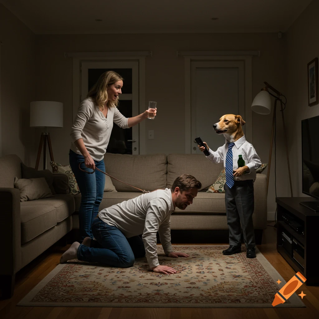 A woman holds a leash on a man crawling on all fours in a living room. Nearby, a dog in a shirt and tie holds a remote and bottle as the woman offers it a drink.