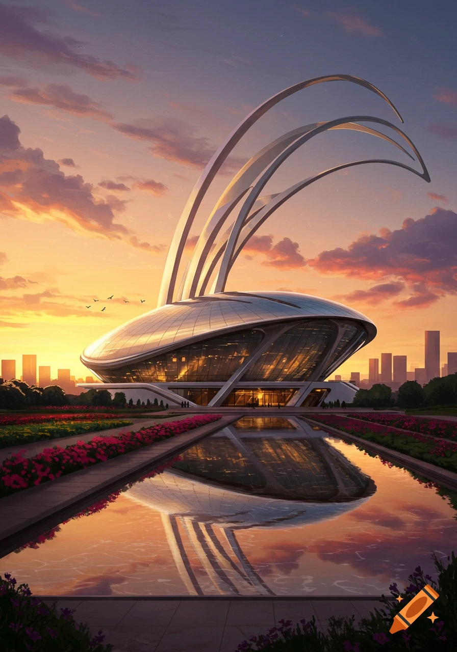 A grand, futuristic building with graceful arches and a reflective facade, beside a pool reflecting a vibrant sunset sky.