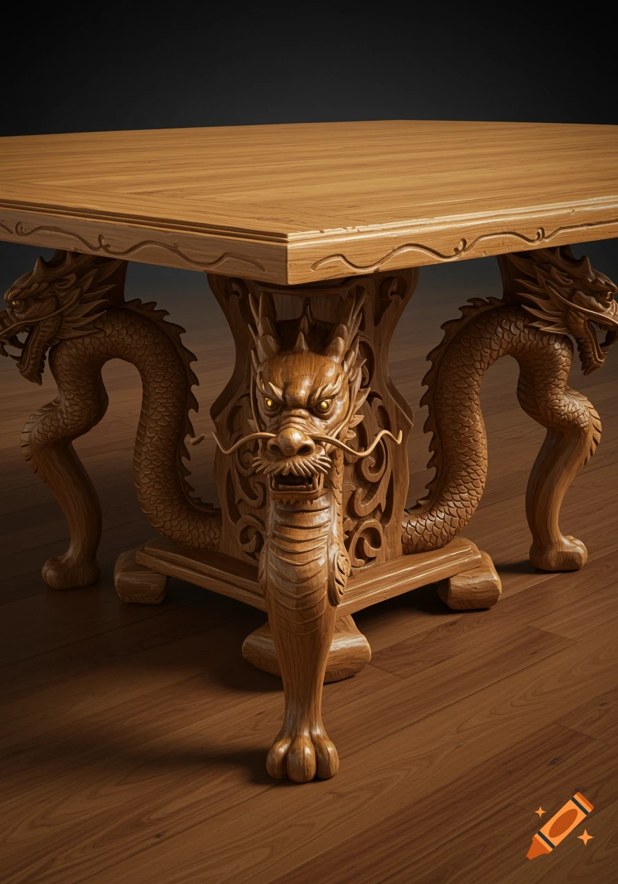 A close-up photorealistic shot of a square wooden table with intricately carved dragon heads and bodies forming its legs.