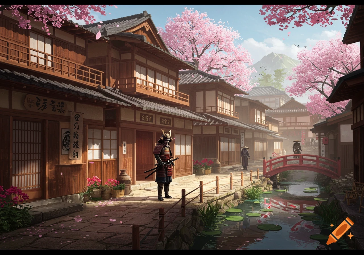A traditional Japanese village street with cherry blossoms, a river with koi, and a samurai standing in the foreground.