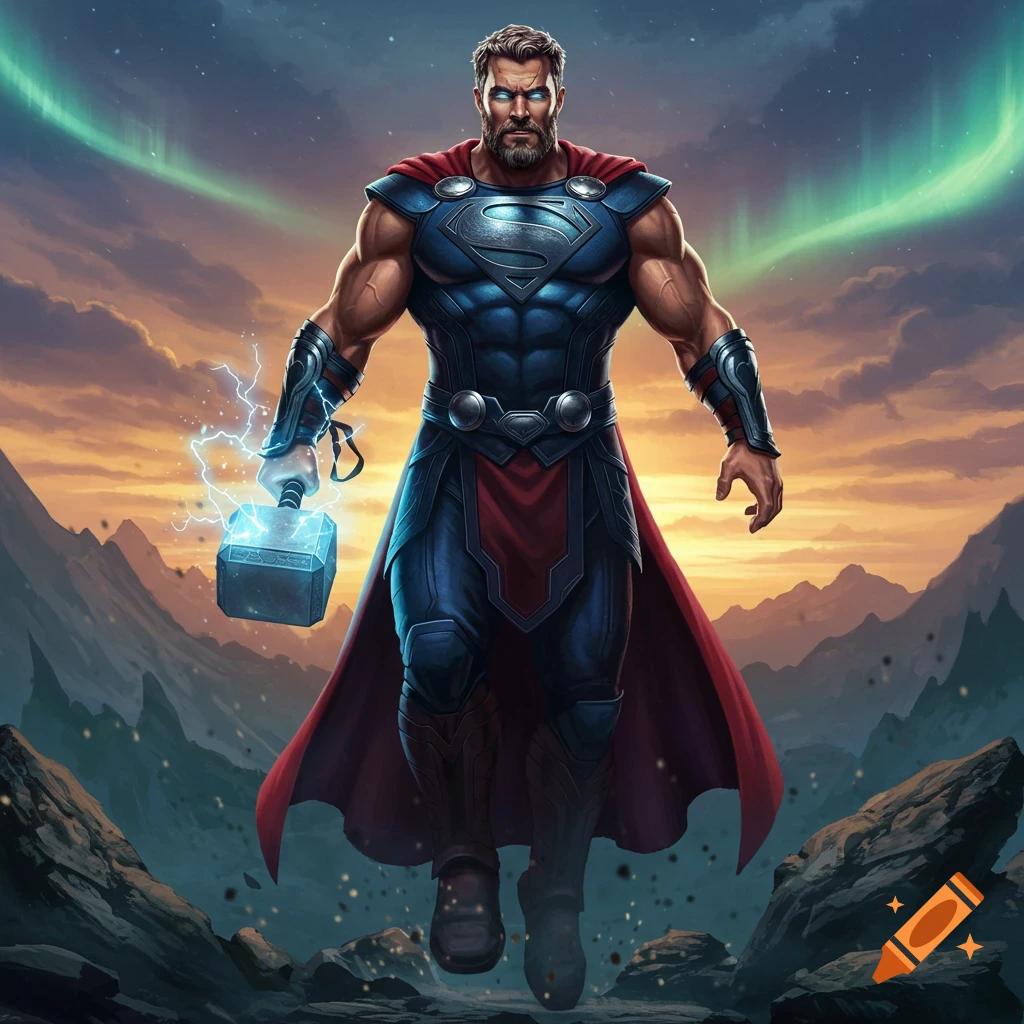 A muscular, bearded superhero in blue armor with a Superman symbol on his chest, holding a glowing Mjolnir, floats above mountains under an aurora sky.