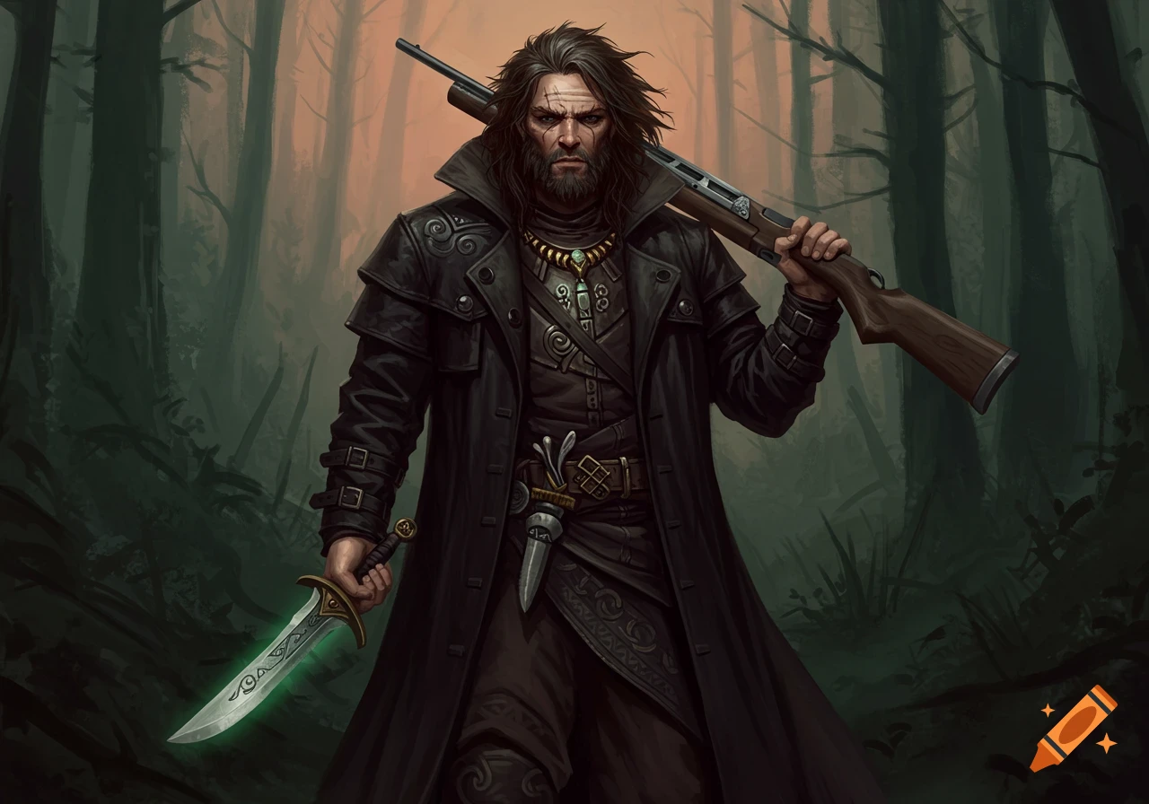 A rugged hunter in a dark coat holds a glowing dagger and a rifle in a misty forest.