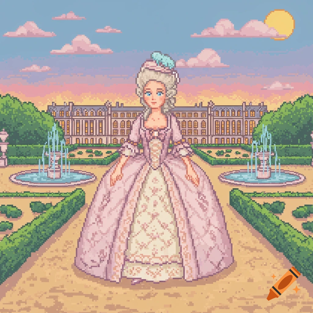 8-bit pixel art of Marie Antoinette in a palace garden at sunset.