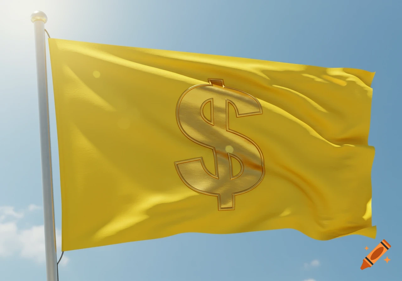 A yellow flag with a prominent gold dollar sign waving against a clear blue sky.