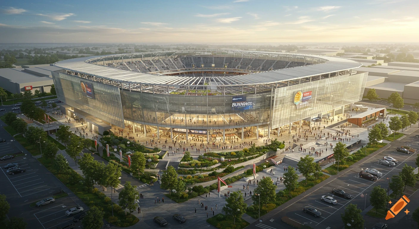Aerial view of a large, modern glass and steel basketball stadium at sunset, surrounded by green landscaping, a plaza with many people, and parking lots.