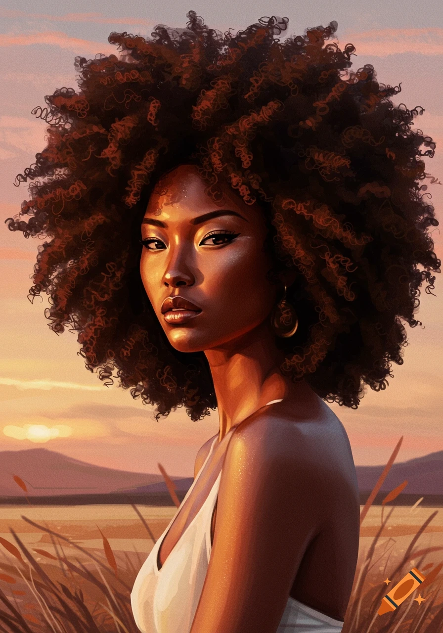 Stylized portrait of a woman with a large afro and caramel skin, looking intensely at the viewer against a vibrant sunset sky.