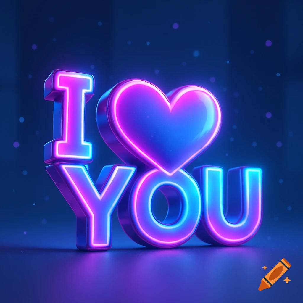 Neon pink and blue 3D letters spelling "I" with a heart symbol and "YOU" on a dark blue background with bokeh lights.
