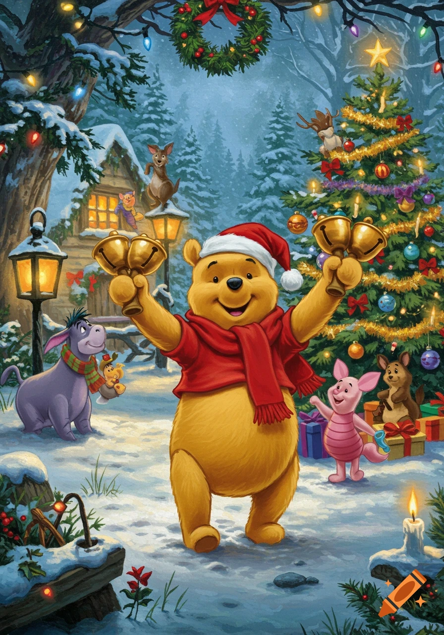 Winnie the Pooh in a Santa hat holds golden bells in a snowy Christmas forest with Eeyore, Piglet, Roo, and a decorated tree.