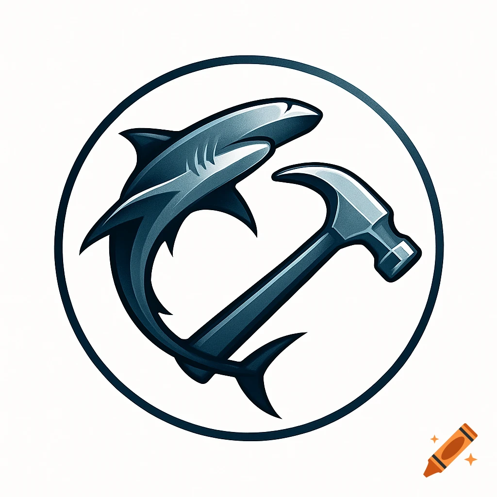 Stylized blue-gray logo of a hammerhead shark circling a hammer within a black circle on white.