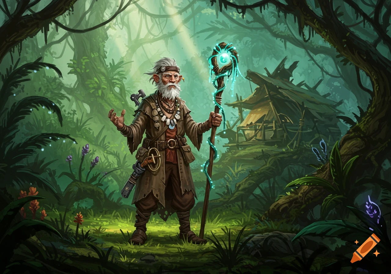 A wise old man with a long white beard and a glowing staff stands in a lush jungle, with a rustic hut behind him, digital art style.