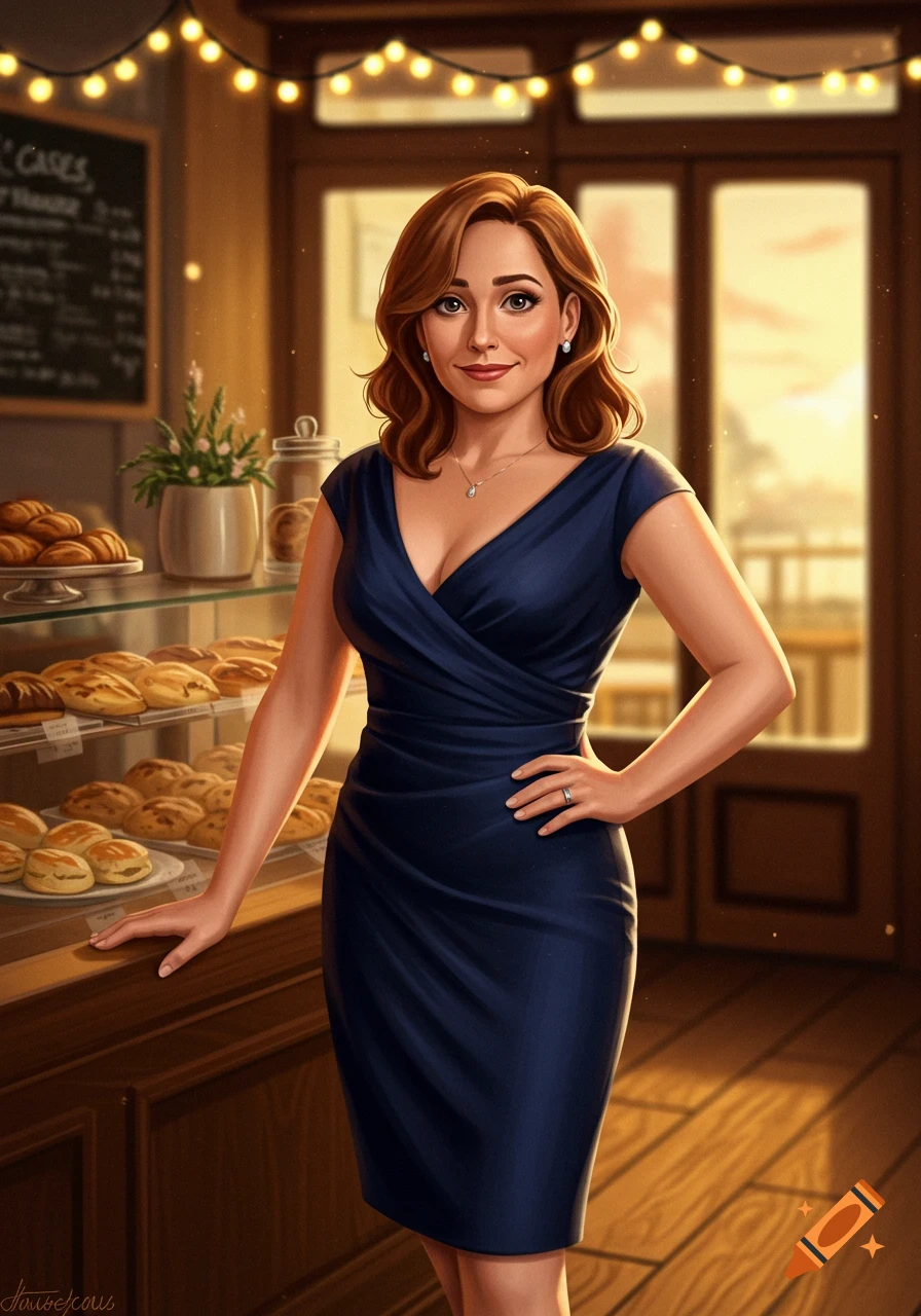 A woman with reddish-brown hair, wearing a navy blue dress, stands in a warmly lit bakery next to a display case of pastries.