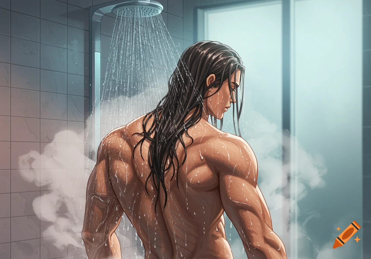 Cartoon of a muscular man with long hair showering, seen from behind.