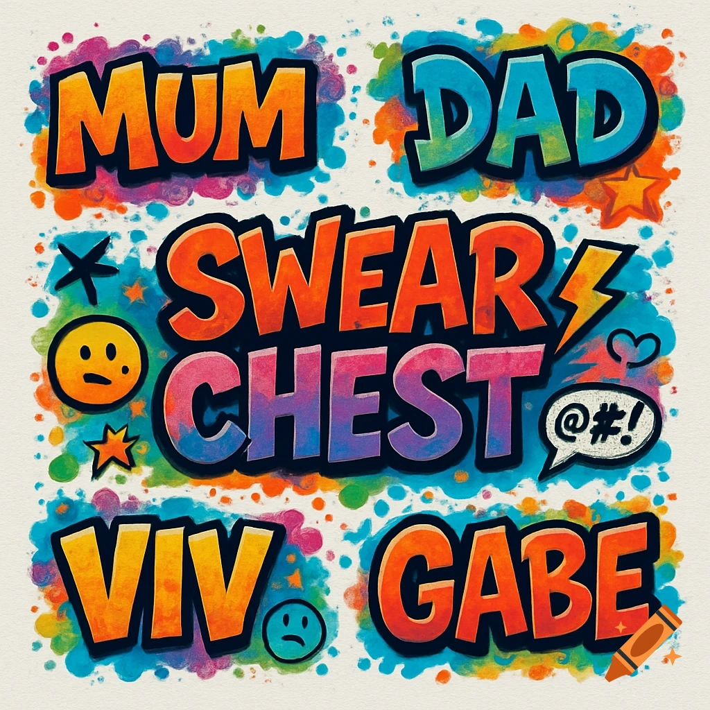 Colorful graffiti-style labels with the words MUM, DAD, SWEAR CHEST, VIV, GABE, on a white background with paint splatters.