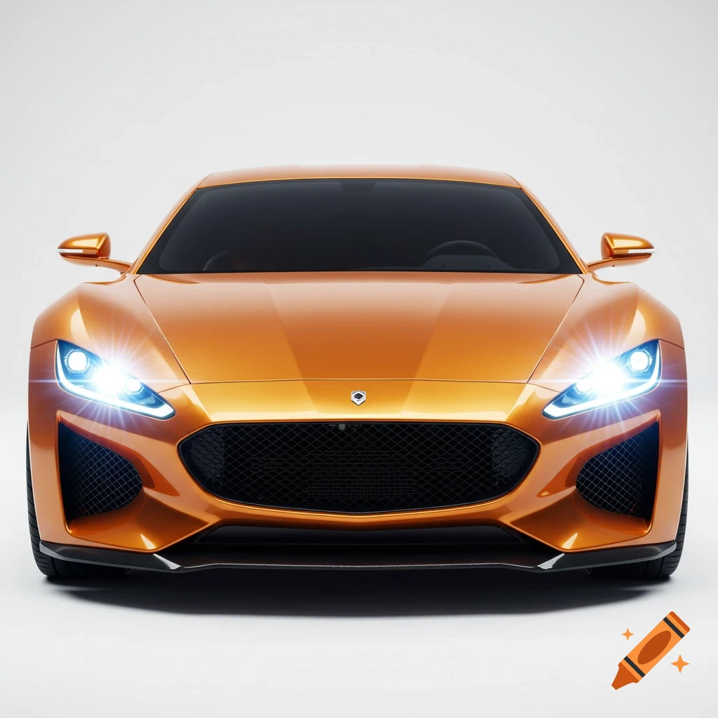 A front view of a shiny orange luxury car with bright headlights on a white background.