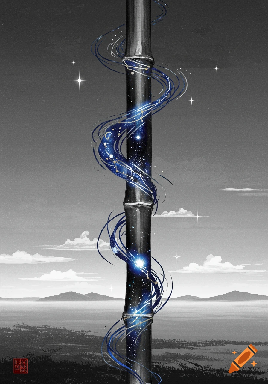 A tall, dark bamboo stalk with a swirling blue galaxy pattern wrapped around it, set against a monochromatic landscape in Japanese ink style art.