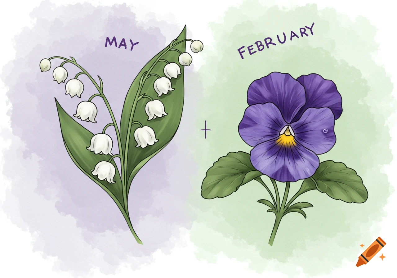 Illustration of white lily of the valley labeled 'MAY' and a purple pansy labeled 'FEBRUARY' on a watercolor background.