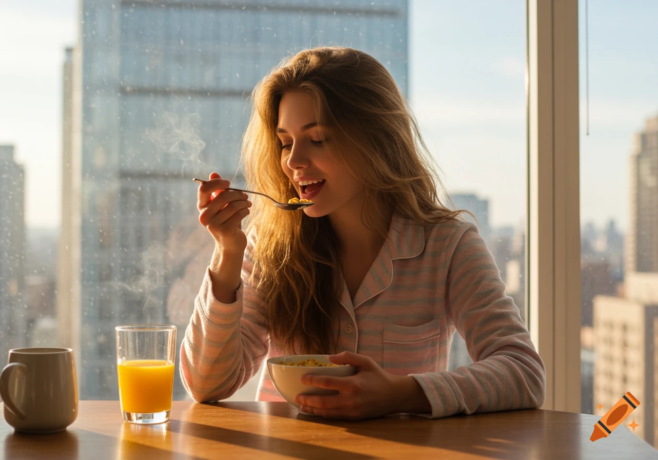 Young woman in pajamas eating cereal at a table with orange juice, by a skyscraper window at sunrise.