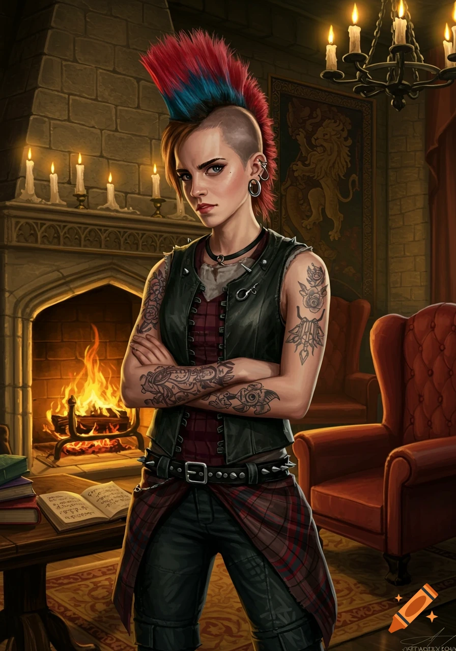 Portrait of a punk rocker with a mohawk and tattoos standing in a candlelit room with a fireplace.