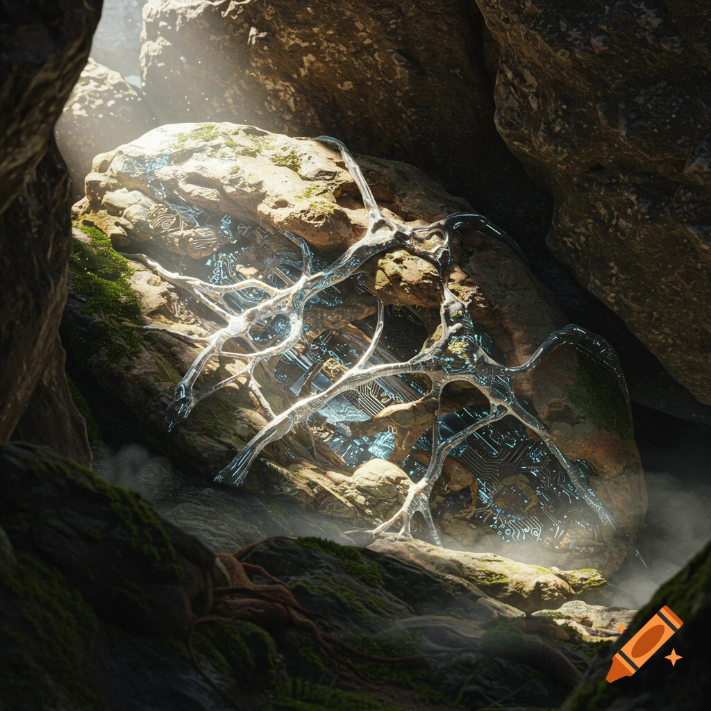 A rocky cave formation with glowing blue circuit patterns and metallic veins embedded within, bathed in sunlight.