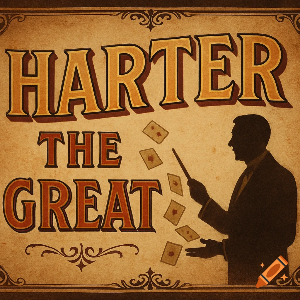 A vintage-style poster for "HARTER THE GREAT" featuring a magician's silhouette with playing cards floating in the air.