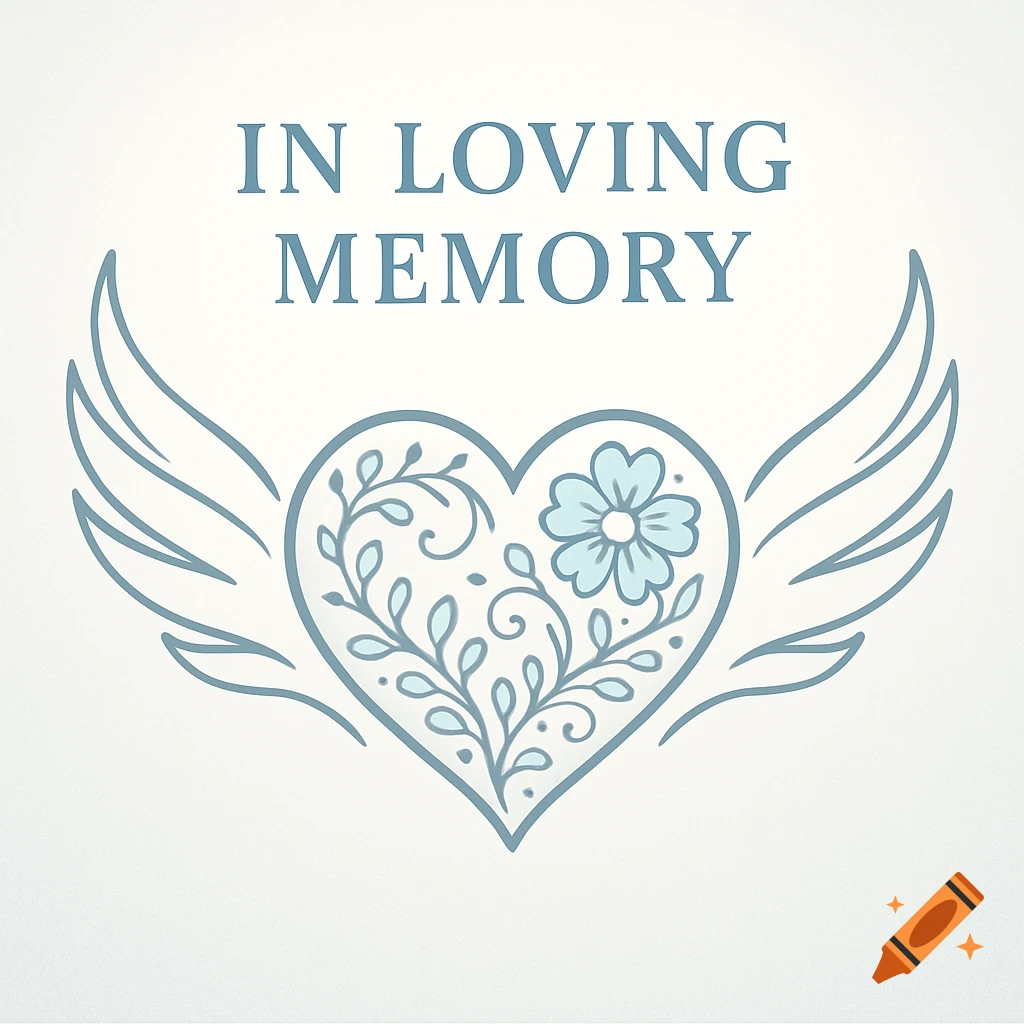 A blue line art design of a heart with floral patterns and wings, with the text 'IN LOVING MEMORY' above it.