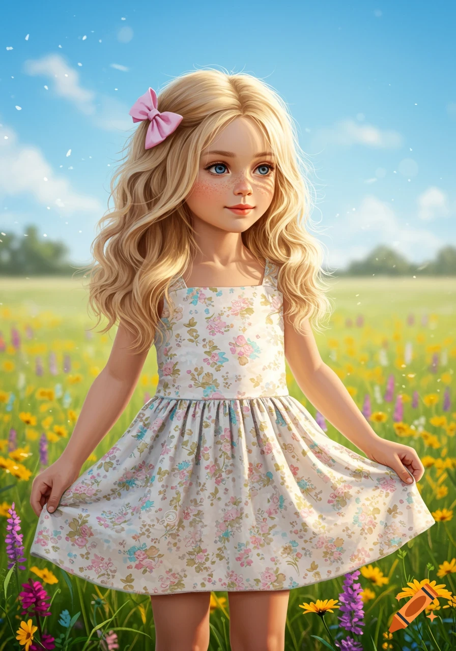 A blonde girl with a pink bow in her hair wears a floral sundress, standing in a sunny field of colorful wildflowers.