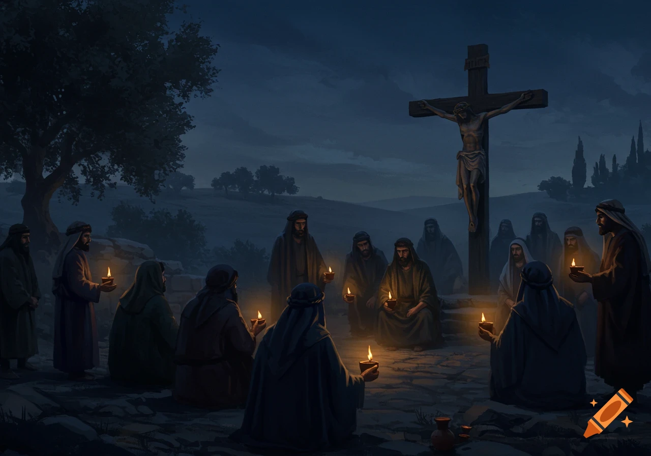 A group of cloaked figures holding lit oil lamps gather around a cross with Jesus crucified on it, under a dark night sky.