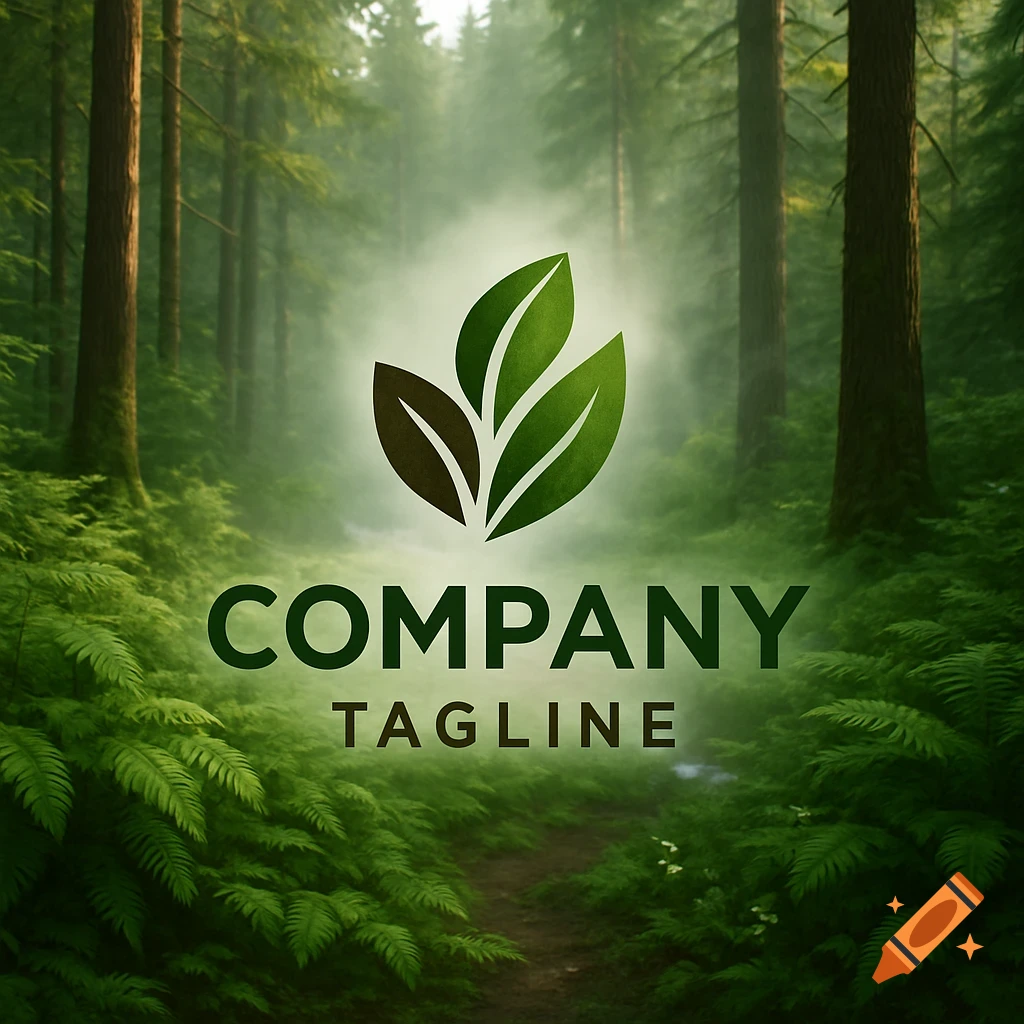 A logo with three green leaves and the text 'COMPANY TAGLINE' against a realistic, misty green forest background.