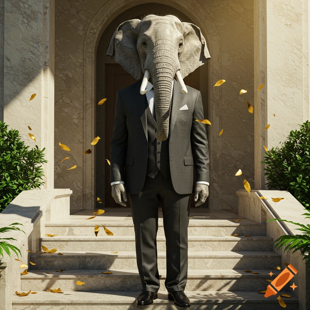 A photorealistic image of an elephant's head on a man's body wearing a suit, standing on steps with golden leaves.