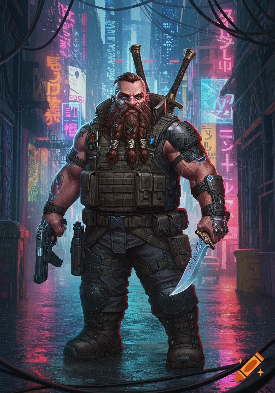 A heavily armored male dwarf with a braided beard holds a gun and knife on a wet, neon-lit cyberpunk city street.