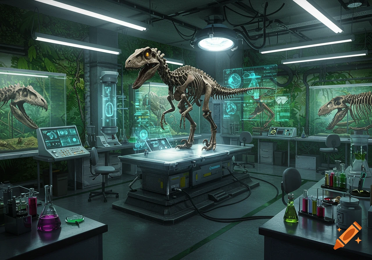 A large dinosaur skeleton stands on a lab table in a science fiction laboratory filled with glowing screens and beakers.