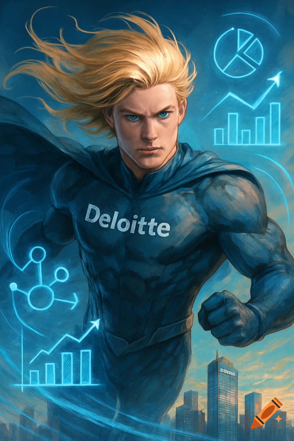 Blonde superhero in a dark blue suit with 'Deloitte' on chest, surrounded by glowing data icons and city skyline.