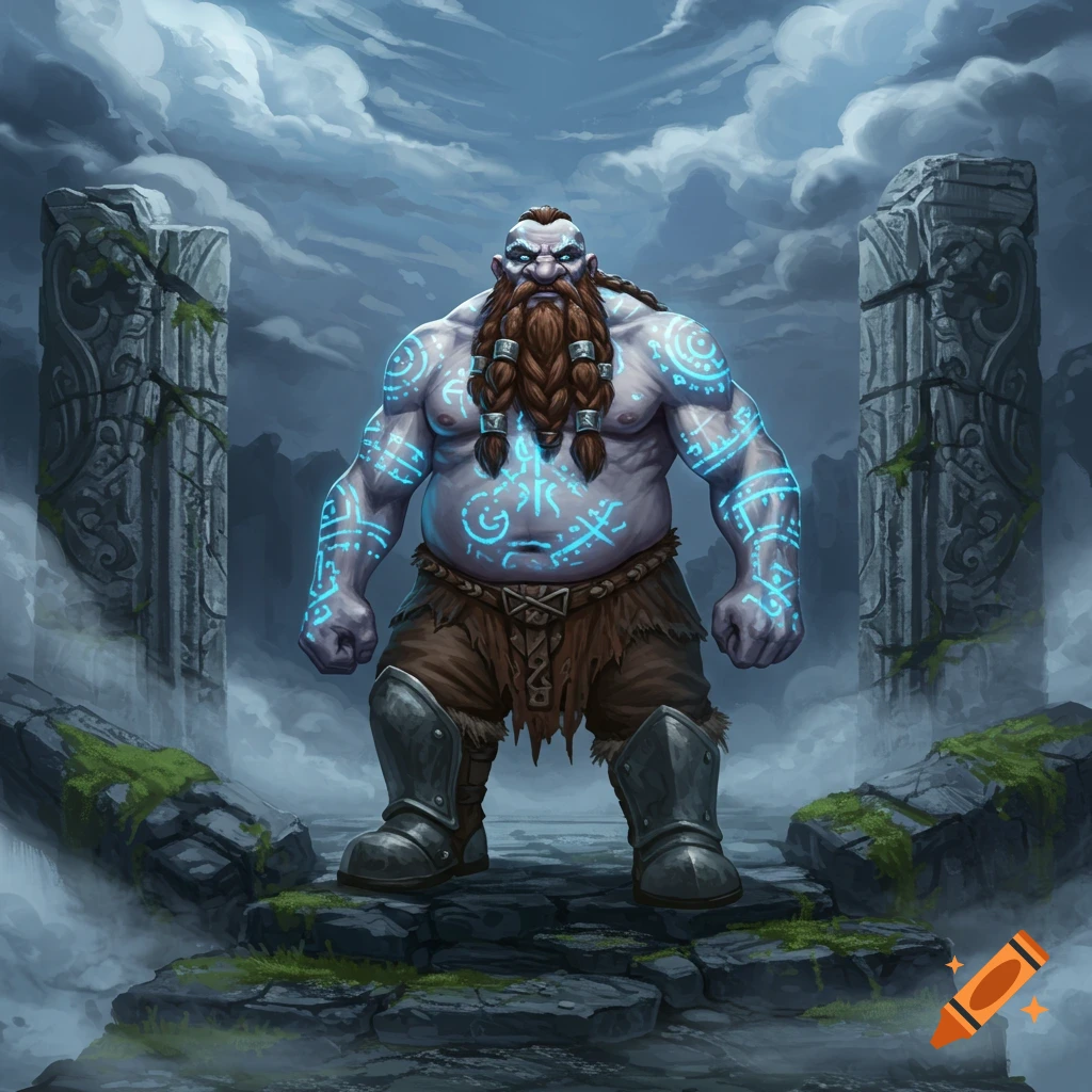 A powerful dwarf with a braided red beard and glowing blue tattoos stands between ancient stone pillars in a misty fantasy scene.