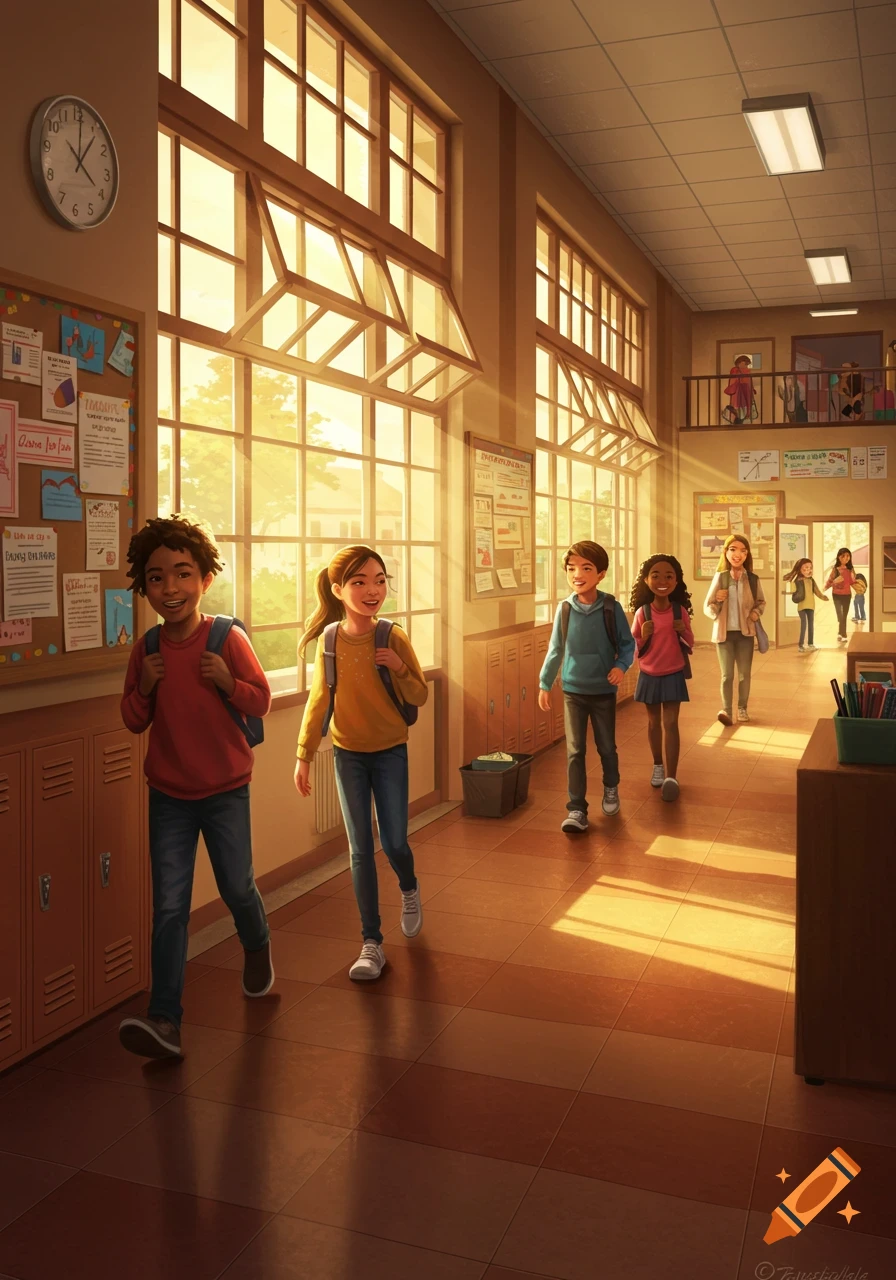 Students walk down a sunlit school hallway, featuring lockers, corkboards, and large windows, in a realistic illustration style.