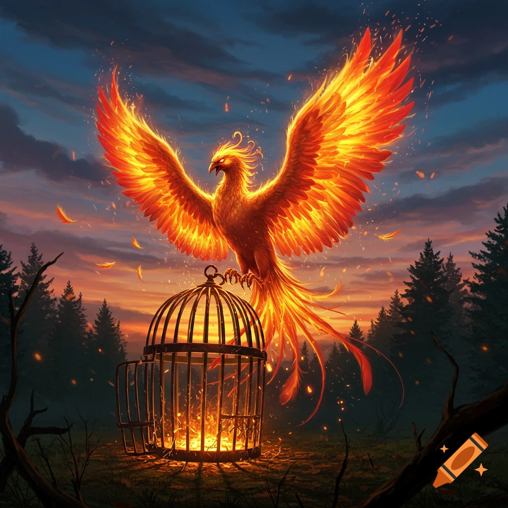 A fiery phoenix with large wings spread, perched on a large open metal cage glowing with fire, in a forest at sunset.