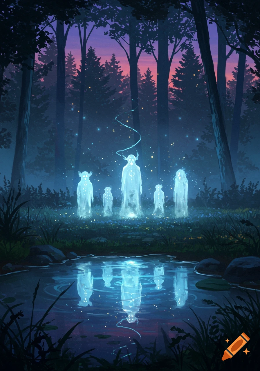 Ethereal glowing spirit guides stand in a dark, mystical forest at twilight, reflected in a calm pond.