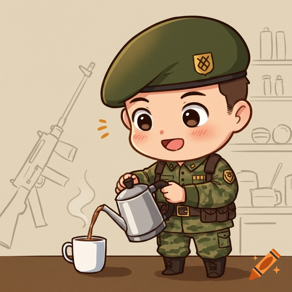 A cute chibi soldier in camouflage uniform and beret pouring coffee into a white mug, with a rifle outline in the background.