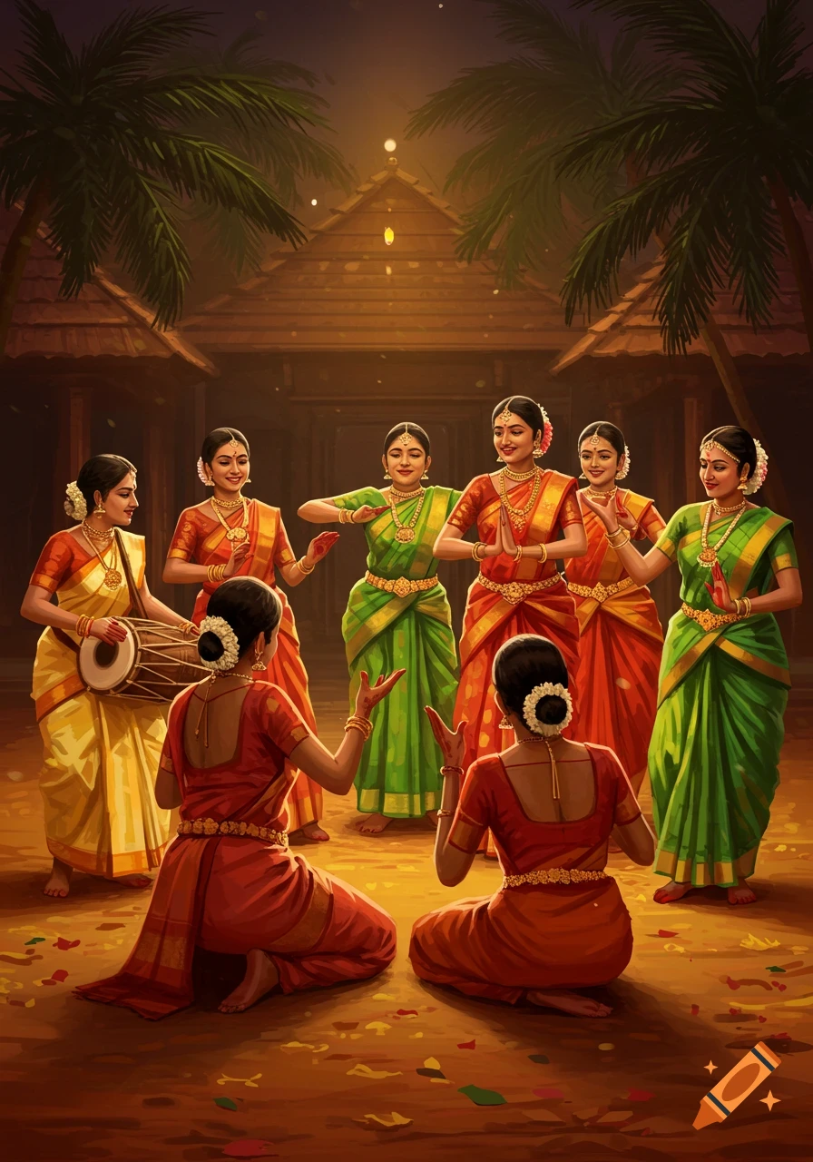 A group of women in colorful traditional Indian attire performing a dance outdoors at dusk, with one playing a drum and two kneeling in front.