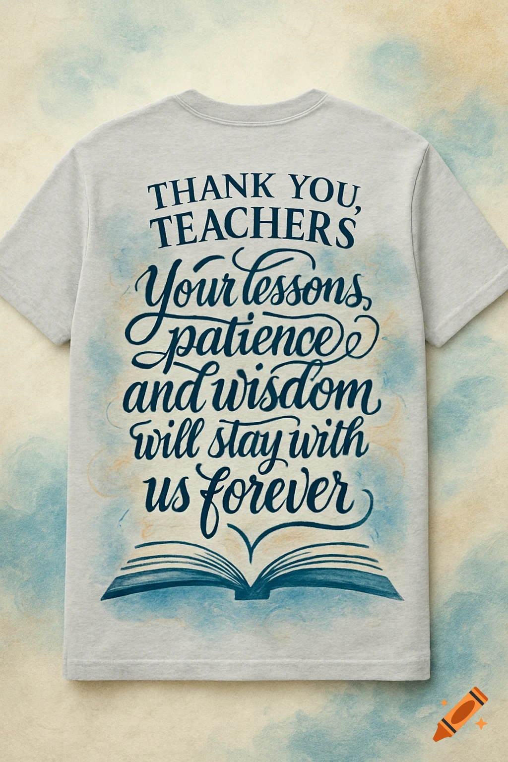 A light grey t-shirt with blue and orange watercolor stains, featuring dark blue script and serif text and a stylized open book.