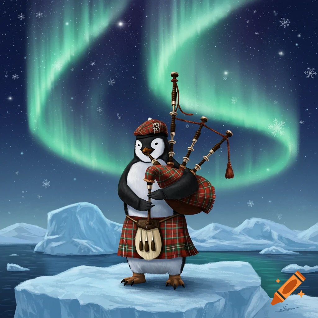 A cartoon penguin in a kilt and tam o' shanter plays bagpipes on an iceberg under a green aurora borealis.