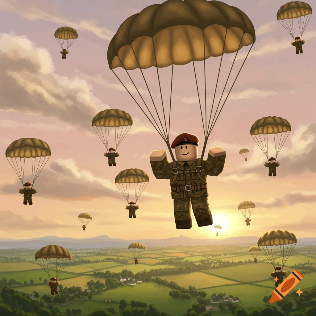 Roblox paratroopers parachute over a green landscape with a setting sun in the background.