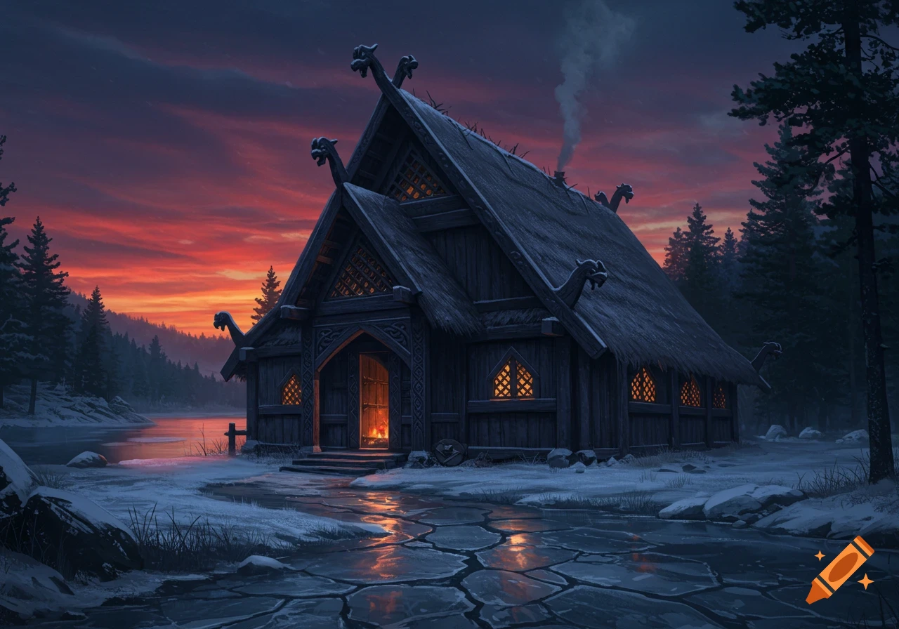 A dark Viking longhouse with glowing windows stands in a snowy winter landscape beside a frozen lake under a dramatic red and orange sunset.