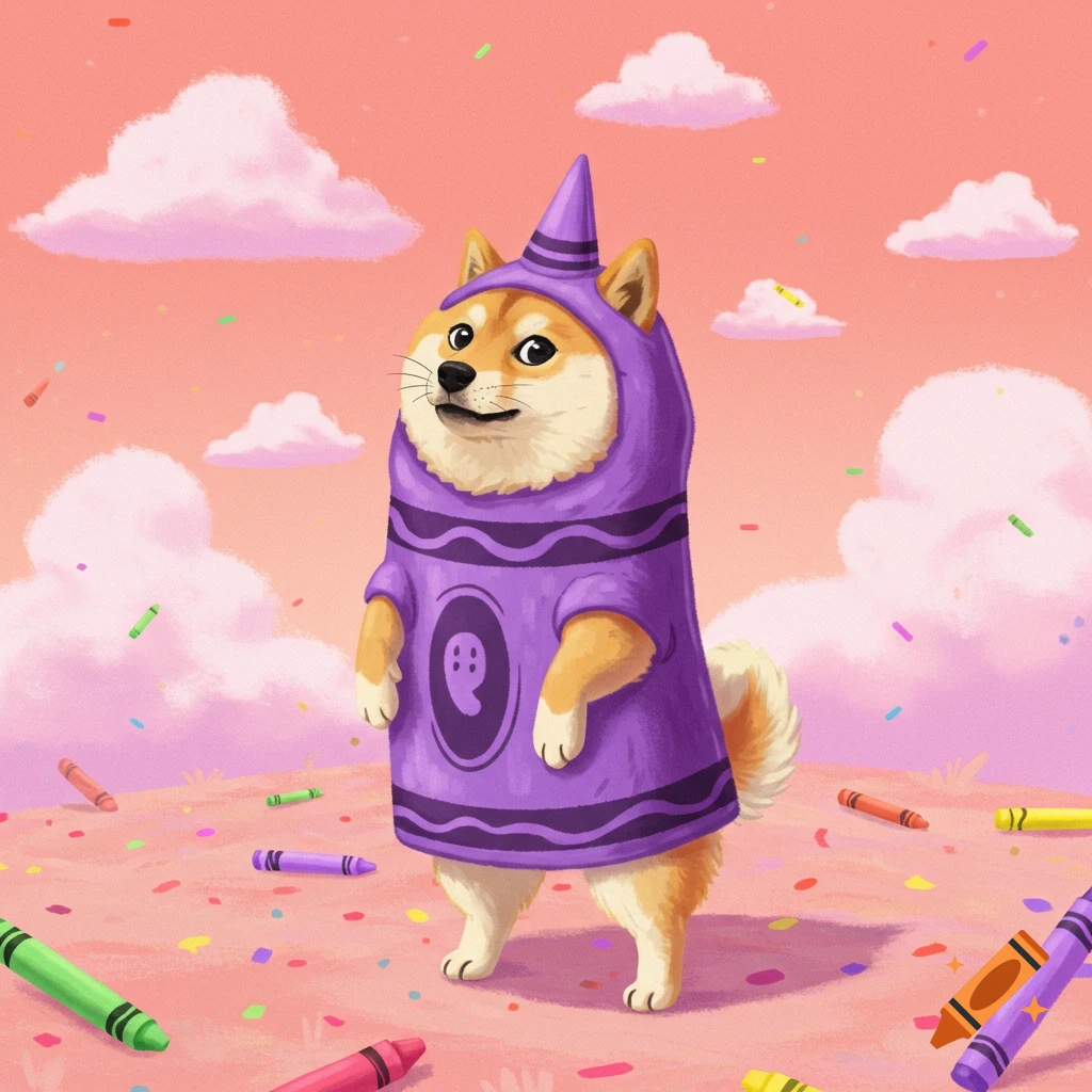 A Shiba Inu dog stands on two legs wearing a purple crayon costume in a whimsical, colorful landscape.