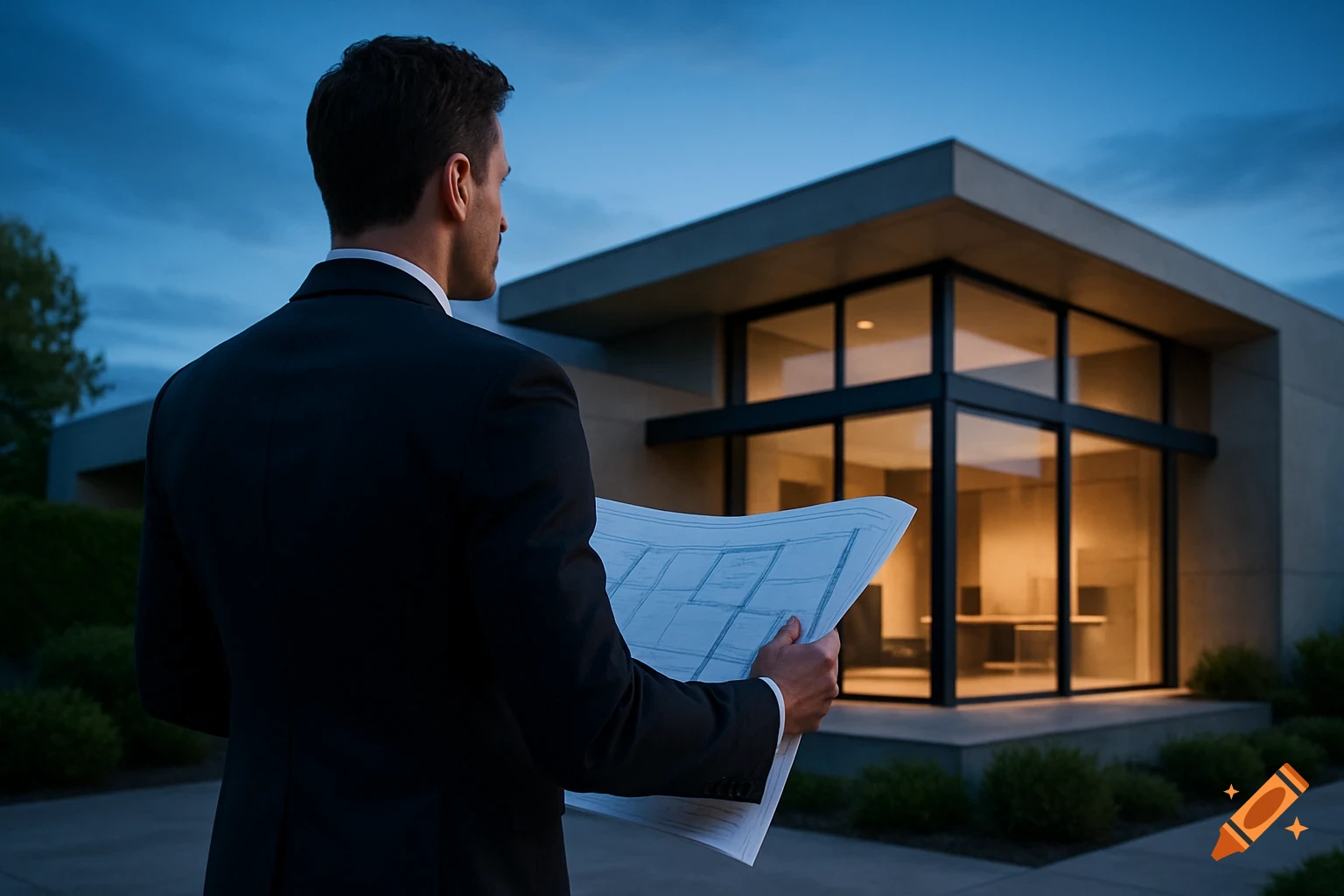 A man in a suit viewed from the back holds blueprints while looking at a modern house at dusk.