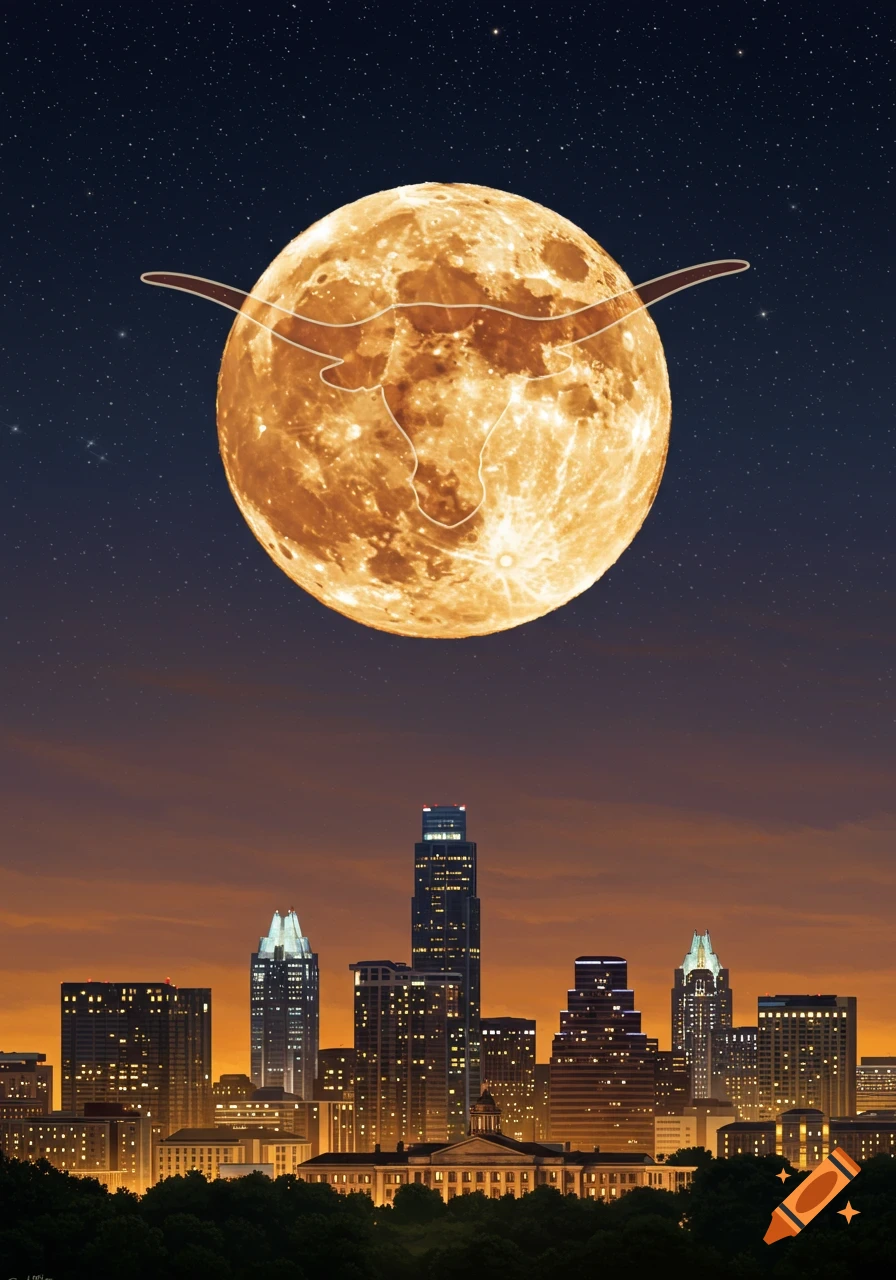 Austin skyline at dusk under a starry sky with a large orange full moon, featuring a faint Texas Longhorn outline on its surface.