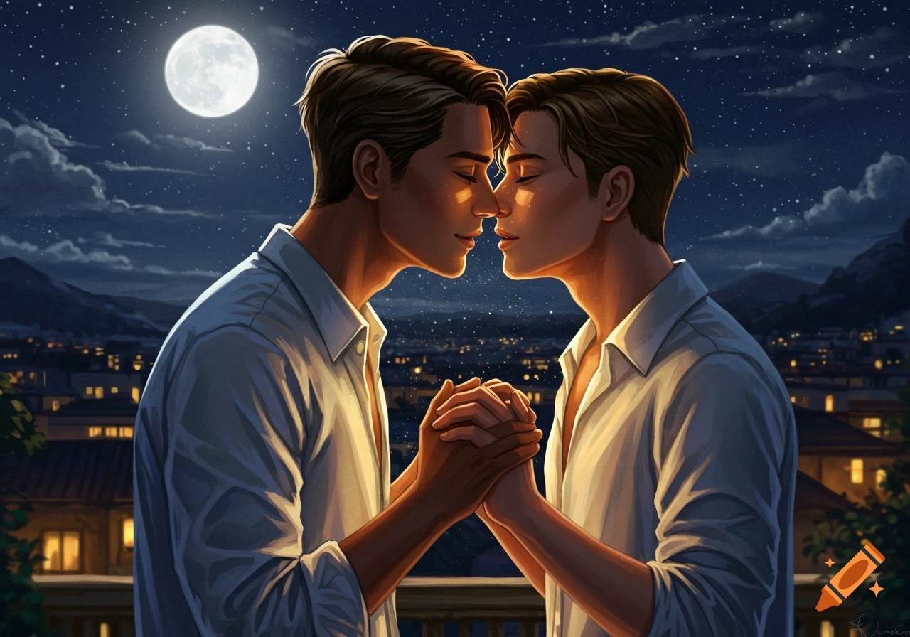 Two men holding hands, leaning in for a kiss on a balcony at night, under a full moon with a city skyline in the background, in a digital art style.