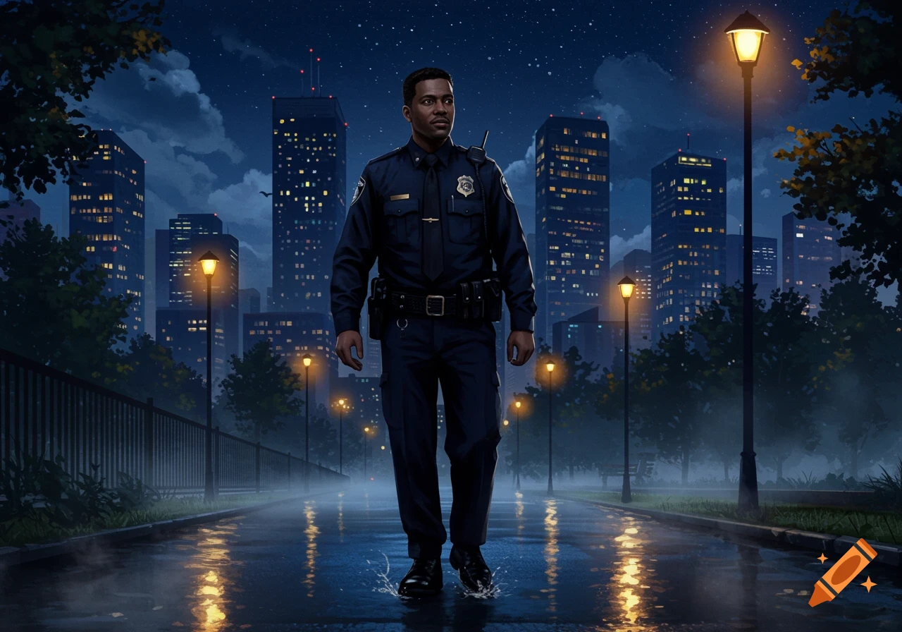 A police officer stands in a park path at night with city buildings and streetlights reflecting on wet ground.