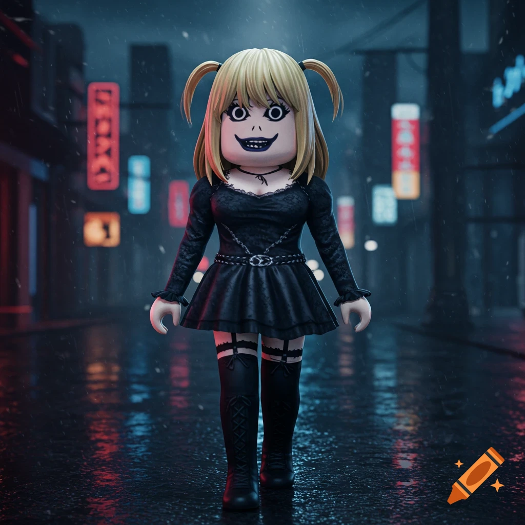 Misa Amane from Death Note, depicted with a Roblox man face, walks down a rainy city street at night.
